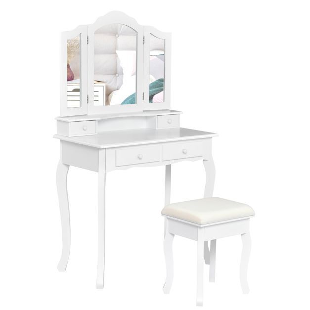 Schminktisch mit Hocker &amp; 3-teiligem Klappbarem Spiegel &amp; 4 Schubladen Frisiertisch Weiss