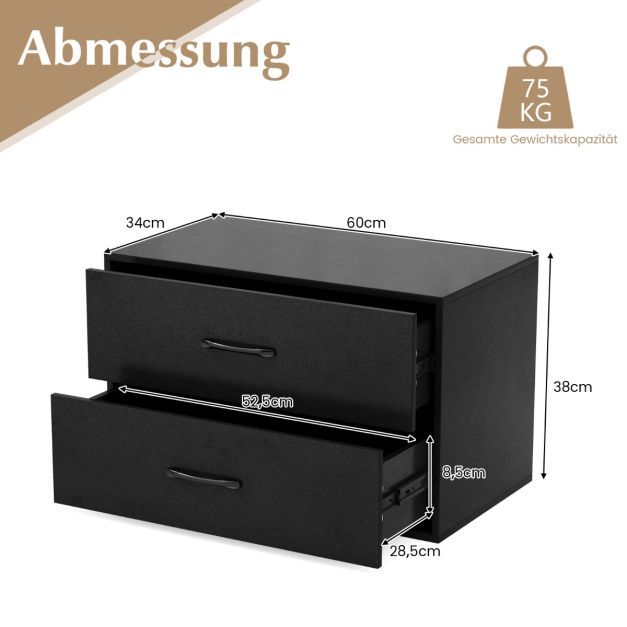 Kommode mit 2 Schubladen Schubladenschrank stapelbar Sideboard aus Holz 60 x 34 x 38 cm Schwarz