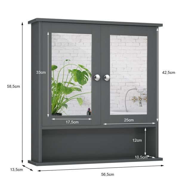 Spiegelschrank mit höhenverstellbarer Ablage und Spiegeltür, Badschrank Hängeschrank, Badezimmerschrank, 58,5x56,5x13,5cm Grau