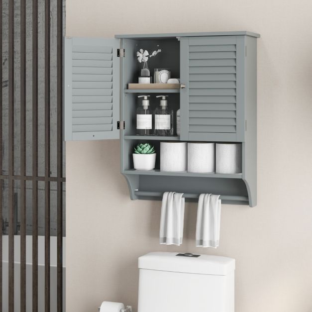 Wandschrank, Badschrank mit 2 Lamellentüren und Handtuchhalter 58 x 22 x 75 cm Grau