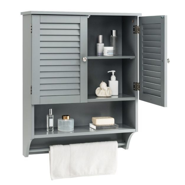 Wandschrank, Badschrank mit 2 Lamellentüren und Handtuchhalter 58 x 22 x 75 cm Grau