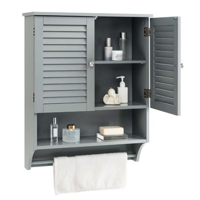 Wandschrank, Badschrank mit 2 Lamellentüren und Handtuchhalter 58 x 22 x 75 cm Grau