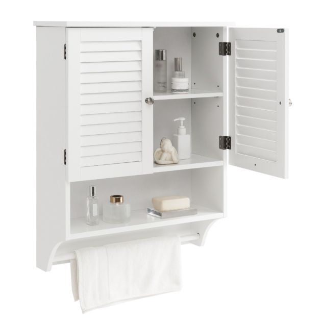 Wandschrank, Badschrank mit 2 Lamellentüren und Handtuchhalter 58 x 22 x 75 cm weiss
