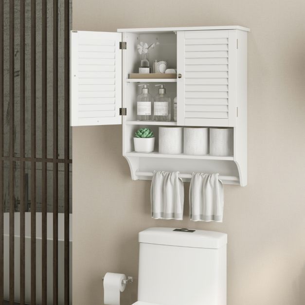 Wandschrank, Badschrank mit 2 Lamellentüren und Handtuchhalter 58 x 22 x 75 cm weiss