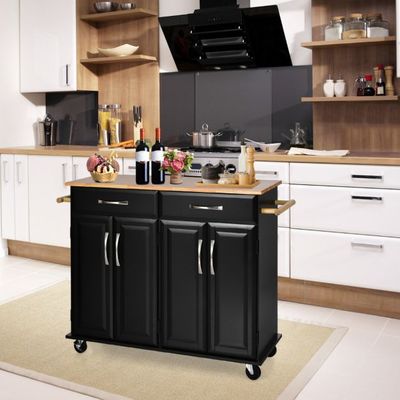 Rollender Küchenwagen mit Arbeitsplatte aus Gummiholz 4-türiger Servierwagen 122 x 48 x 92,5 cm schwarz