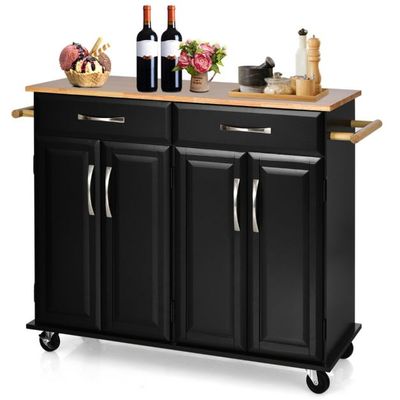 Rollender Küchenwagen mit Arbeitsplatte aus Gummiholz 4-türiger Servierwagen 122 x 48 x 92,5 cm schwarz