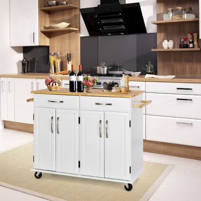 Rollender Küchenwagen mit Arbeitsplatte 4-türiger Servierwagen 122 x 48 x 92,5 cm weiss