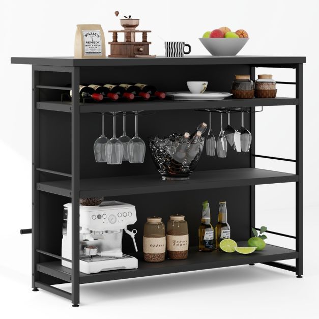 Hausbar Schrank mit 4 Offenen Ablagen &amp; Weinregal &amp; Gläserhalter Küchenregal, schwarz