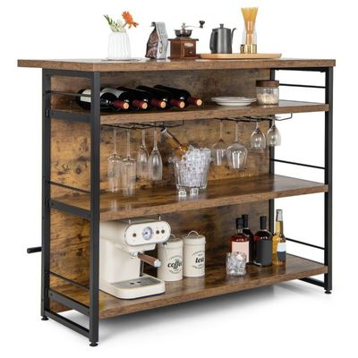Hausbar Schrank mit 4 Offenen Ablagen &amp; Weinregal &amp; Gläserhalter Küchenregal, braun