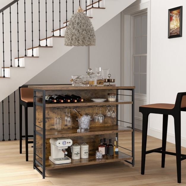 Hausbar Schrank mit 4 Offenen Ablagen & Weinregal & Gläserhalter Küchenregal, braun