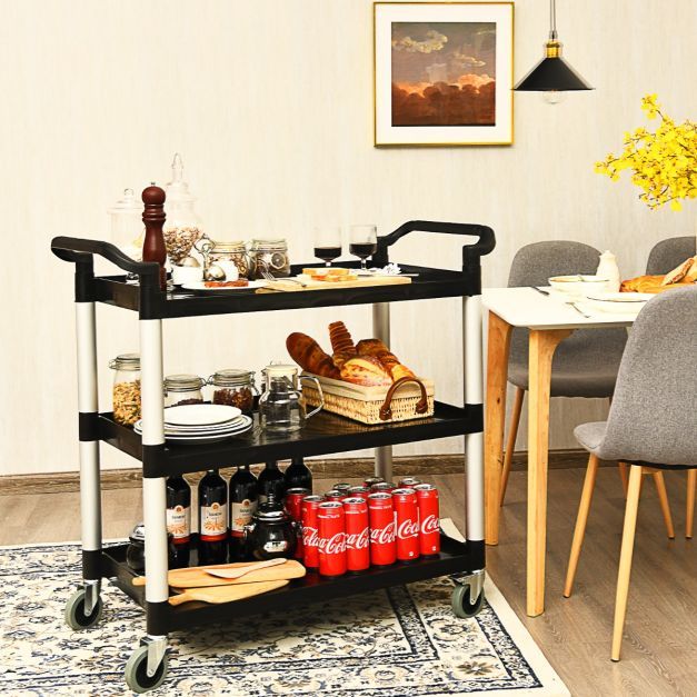 Robuster 3 stufiger Servicewagen, Teewagen mit flexiblen Rädern und Bremssystem Schwarz