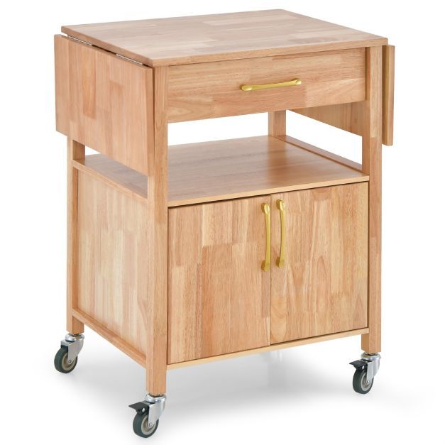Küchenwagen mit Klappbarer Arbeitsplatte &amp; Schublade &amp; Schrank Servierwagen Natur