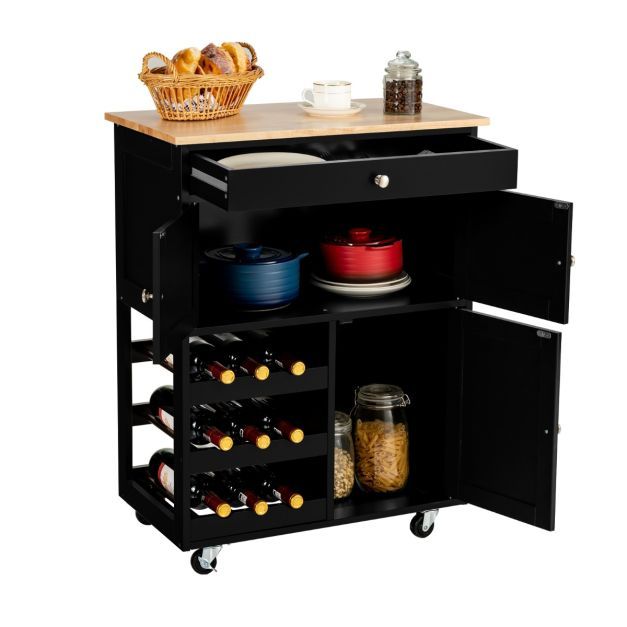 Küchenwagen mit Arbeitsplatte,Weinregal,  Schublade 67 x 37 x 86,5 cm Schwarz
