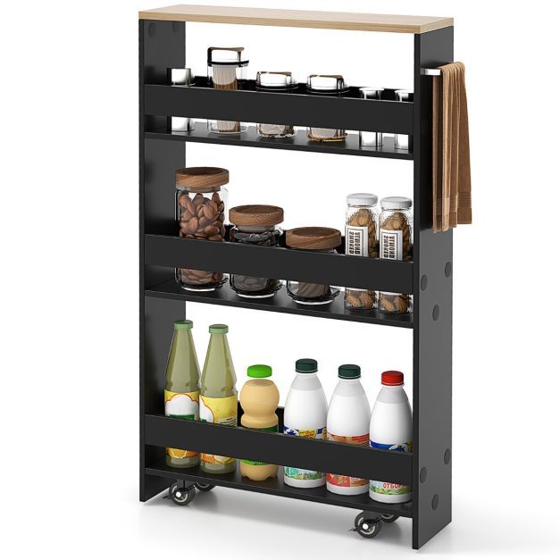 4 Ebenen Nischenregal Küchenwagen 48 x 13 x 81 cm Schwarz + Natur