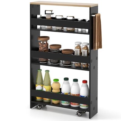 4 Ebenen Nischenregal Küchenwagen 48 x 13 x 81 cm Schwarz + Natur