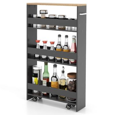 4 Ebenen Nischenregal auf Rollen aus Holz mit Griff Küchenwagen 48 x 13 x 81 cm Grau + Natur