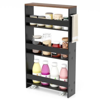 4 Ebenen Nischenregal auf Rollen aus Holz mit Griff Küchenwagen 48 x 13 x 81 cm Schwarz + Braun