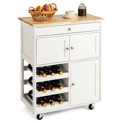 Holz Küchenwagen Servierwagen Küchentrolley mit Weinregal weiss
