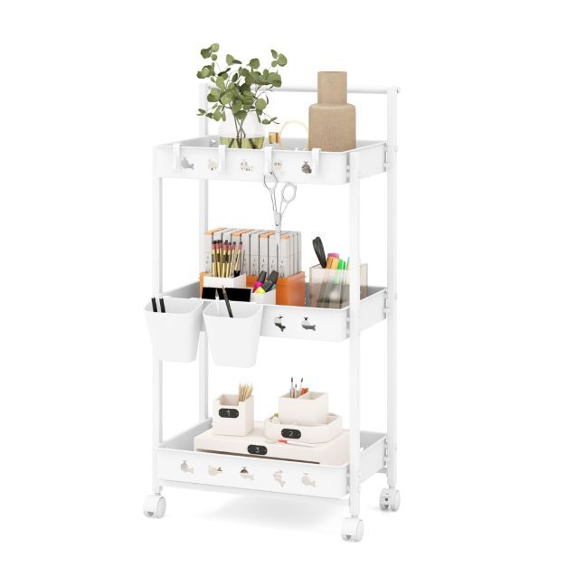 3 Ebenen Allzweck-Rollwagen mit 2 Hängebechern 42 x 29 x 83 cm Weiss
