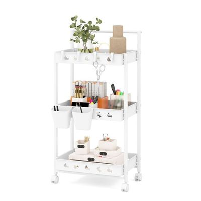 3 Ebenen Allzweck-Rollwagen mit 2 Hängebechern 42 x 29 x 83 cm Weiss