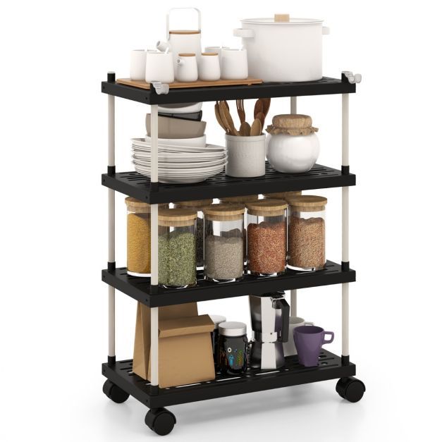 Rollwagen mit 4 Ebenen Nischenregal mit Rollen und seitlichen Haken Schwarz 40 x 21 x 59,5 cm