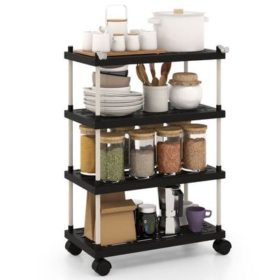 Rollwagen mit 4 Ebenen Nischenregal mit Rollen und seitlichen Haken Schwarz 40 x 21 x 59,5 cm