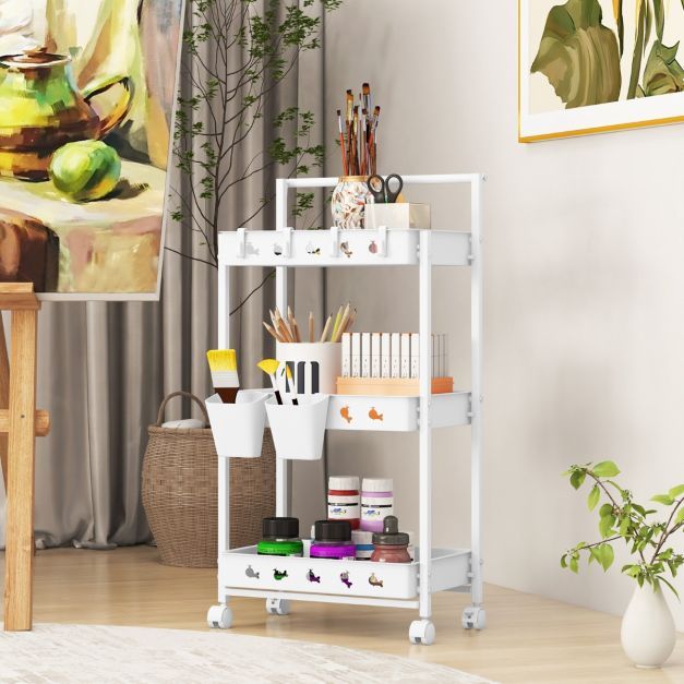 3 Ebenen Allzweck-Rollwagen mit 2 Hängebechern 42 x 29 x 83 cm Weiss