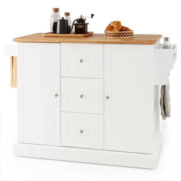 Küchenschrank Holz Kücheninsel mit 5 versteckten Rollen Küchenwagen mit Arbeitsplatte 127 x 46 x 91,5 cm Weiss