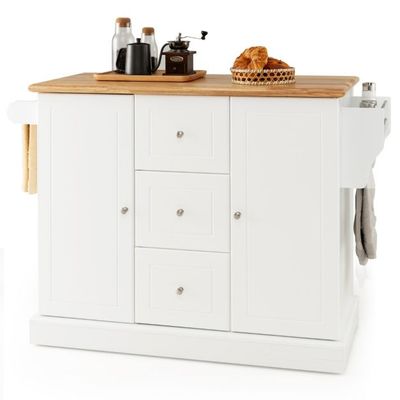 Küchenschrank Holz Kücheninsel mit 5 versteckten Rollen Küchenwagen mit Arbeitsplatte 127 x 46 x 91,5 cm Weiss