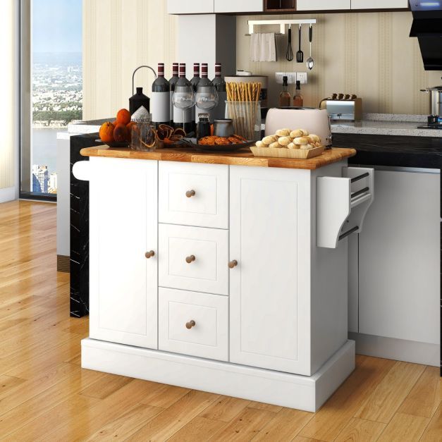 Küchenschrank Holz Kücheninsel mit 5 versteckten Rollen Küchenwagen mit Arbeitsplatte 127 x 46 x 91,5 cm Weiss