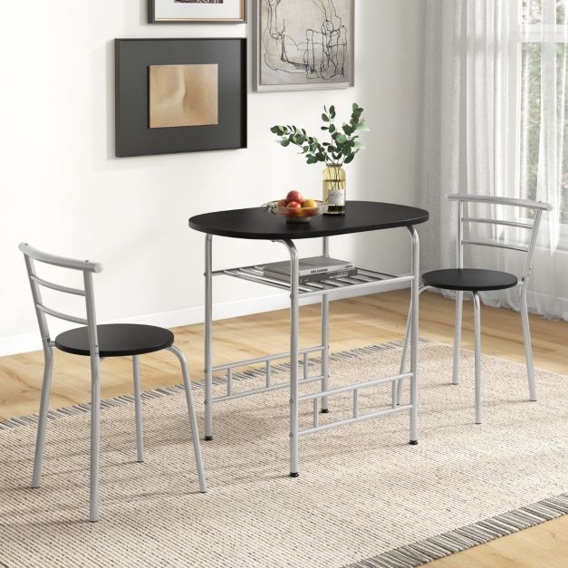 3tlg. Essgruppe Küchentisch &amp; Stühle mit Weinregal Platzsparende Sitzgruppe Esszimmergruppe, silber