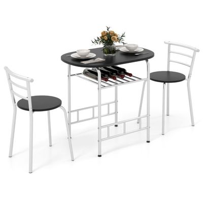 3tlg. Essgruppe Küchentisch &amp; Stühle mit Weinregal Platzsparende Sitzgruppe Esszimmergruppe, silber
