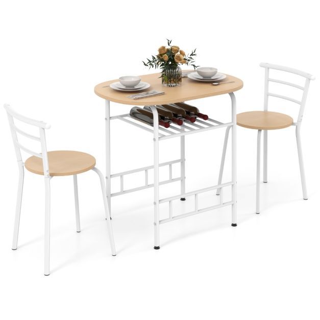 3tlg. Essgruppe Küchentisch &amp; Stühle mit Weinregal Platzsparende Sitzgruppe Esszimmergruppe, weiss