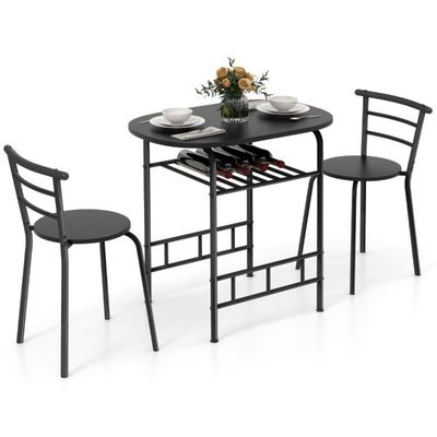 3tlg. Essgruppe Küchentisch &amp; Stühle mit Weinregal Platzsparende Sitzgruppe Esszimmergruppe, schwarz