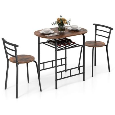 3tlg. Essgruppe Küchentisch &amp; Stühle mit Weinregal Platzsparende Sitzgruppe Esszimmergruppe, braun