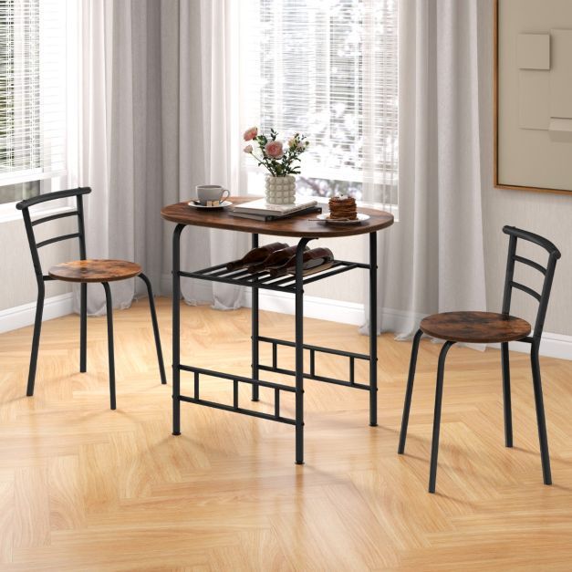 3tlg. Essgruppe Küchentisch &amp; Stühle mit Weinregal Platzsparende Sitzgruppe Esszimmergruppe, braun