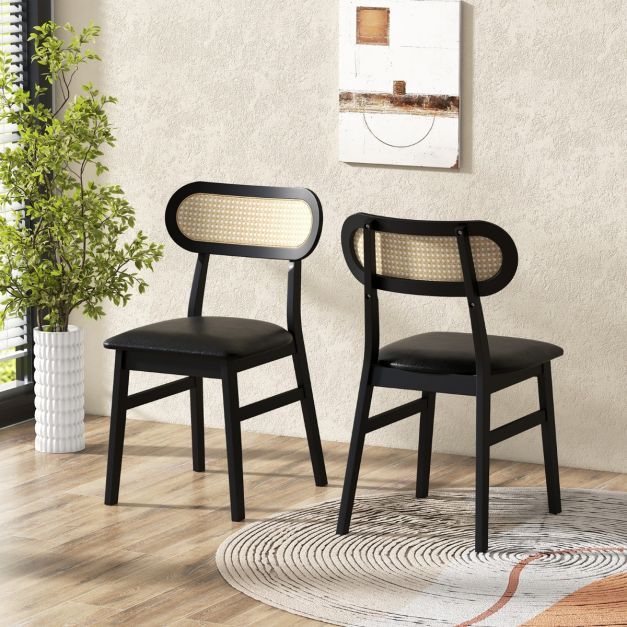 2er-Set Esszimmerstühle im Boho-Stil mit gepolsterter Sitzfläche schwarz
