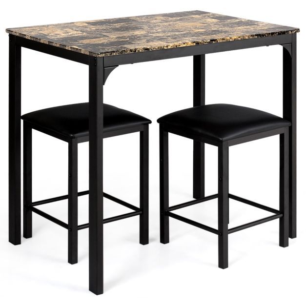 3 teiliges Esstisch Set Bartisch Set mit 2 Gepolsterten Barhockern Metallgestell Braun