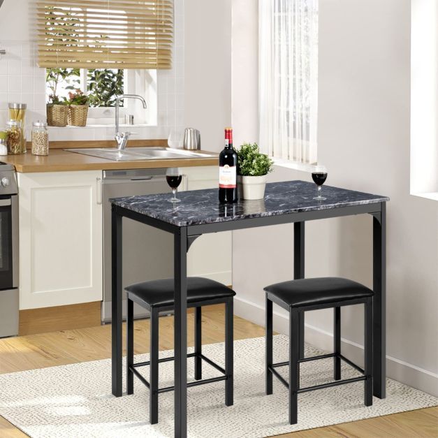 3 teiliges Esstisch Set Bartisch Set mit 2 Gepolsterten Barhockern Metallgestell schwarz