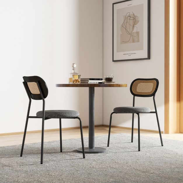 2er Set Esszimmerstühle im Boho-Stil mit gepolstertem Leinenstoff Schwarz