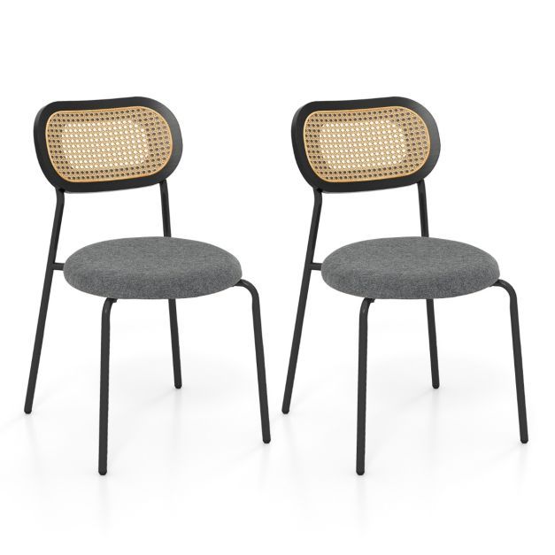2er Set Esszimmerstühle im Boho-Stil mit gepolstertem Leinenstoff Schwarz