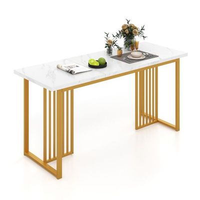 Esszimmertisch Holz 160 x 60 cm rechteckiger Küchentisch mit Marmoroptik &amp; Metallbeinen Weiss + Gold