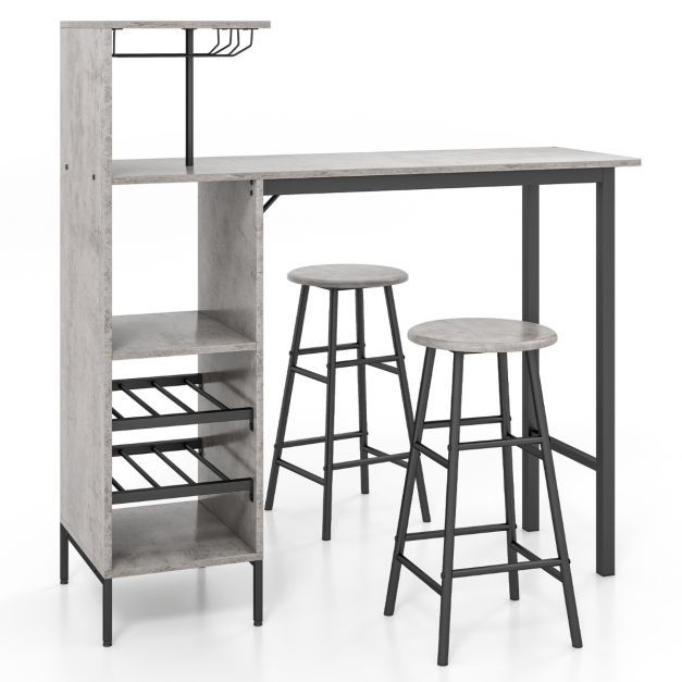 3-teiliges Bartisch- &amp; Stuhl-Set Industrieller Pub-Tisch &amp; Hocker Grau