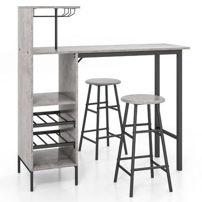 3-teiliges Bartisch- &amp; Stuhl-Set Industrieller Pub-Tisch &amp; Hocker Grau