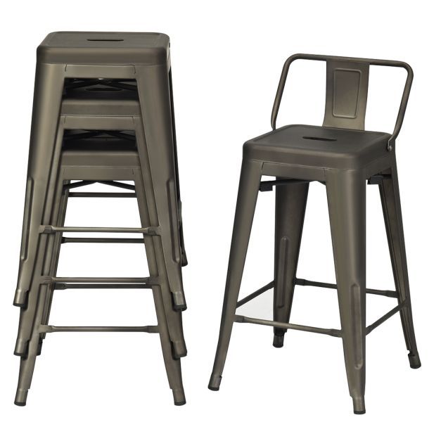 4er Set Stapelbarer Esszimmerstuhl, Barhocker mit abnehmbarer Rückenlehne &amp; 60 cm Sitzhöhe grau