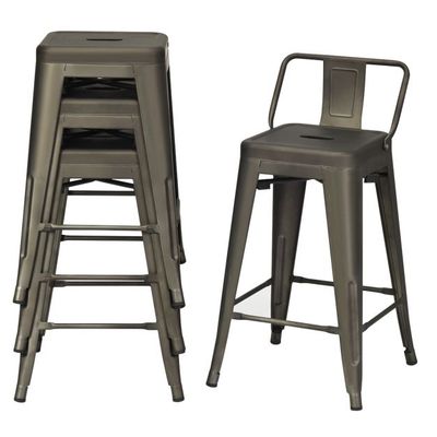 4er Set Stapelbarer Esszimmerstuhl, Barhocker mit abnehmbarer Rückenlehne &amp; 60 cm Sitzhöhe grau