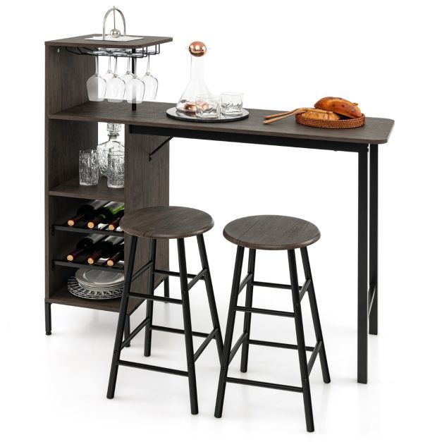 3-teiliges Bartisch- &amp; Stuhl-Set Industrieller Pub-Tisch &amp; Hocker braun