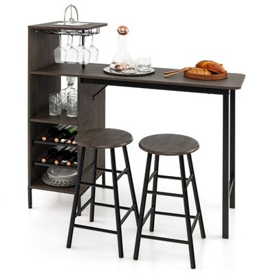 3-teiliges Bartisch- &amp; Stuhl-Set Industrieller Pub-Tisch &amp; Hocker braun