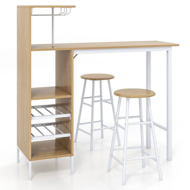 3-teiliges Bartisch- &amp; Stuhl-Set Industrieller Pub-Tisch &amp; Hocker Natur