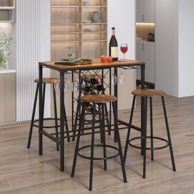 5-teilig Bartisch mit 4 Barhockern &amp; Weinregal Retro-Braun